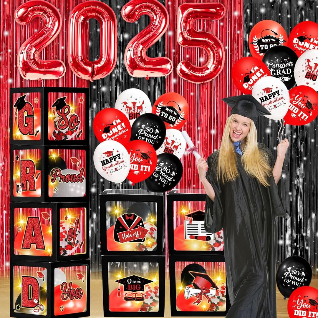 Red Black Graduation Decorations Class of 2025 Graduation Balloon Boxes with Letters 2025 Grade Party Decorations with Lights for Class of 2025 Grade Party Supplies