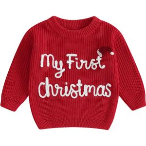 My First Christmas Sweater Baby Boy Girls Knit Sweater Christmas Outfits Letter Embroidery Pullover Tops (3-6 Months, Red)