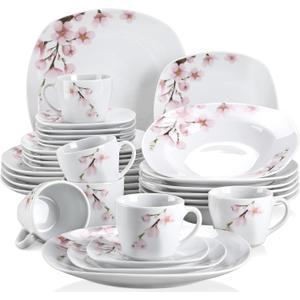 VEWEET Annie Porcelain Dinnerware, 6-30 Piece Pink Floral Dish Set With Plates and Bowls Including Dinner, Dessert, Soup, Cups & Saucers