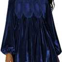 Womens A-Line Velvet Lace Overall Pleated Swing Babydoll Casual Skirtall Scallop Neck Flared Wedding Mini Dress, XL