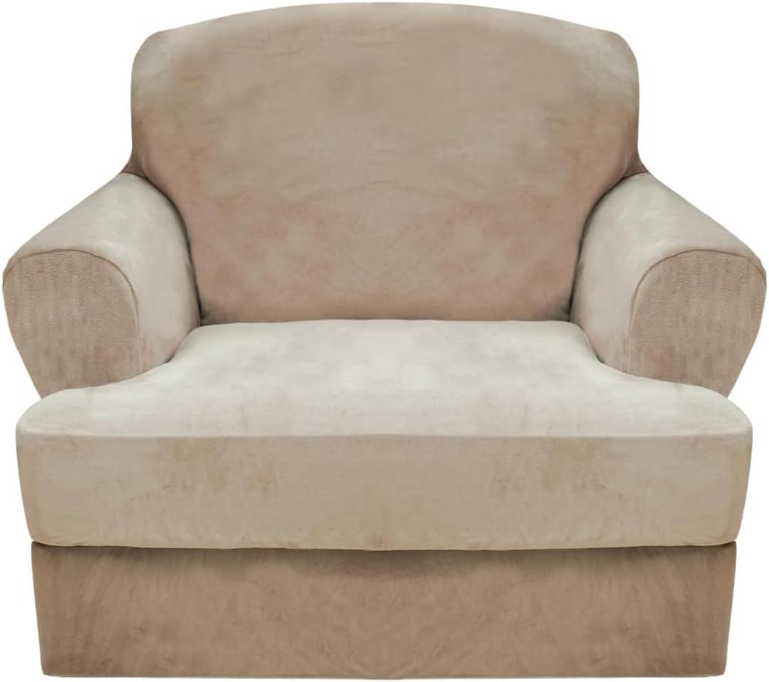 CUCRAF T Cushion Sofa Cover 2 Piece Armchair Slipcovers, Soft Thick Velvet Couch Cover for Living Room, Washable High Stretch Furniture Protector with 1 Cushion Chair Slipcover (Chair, Khaki)
