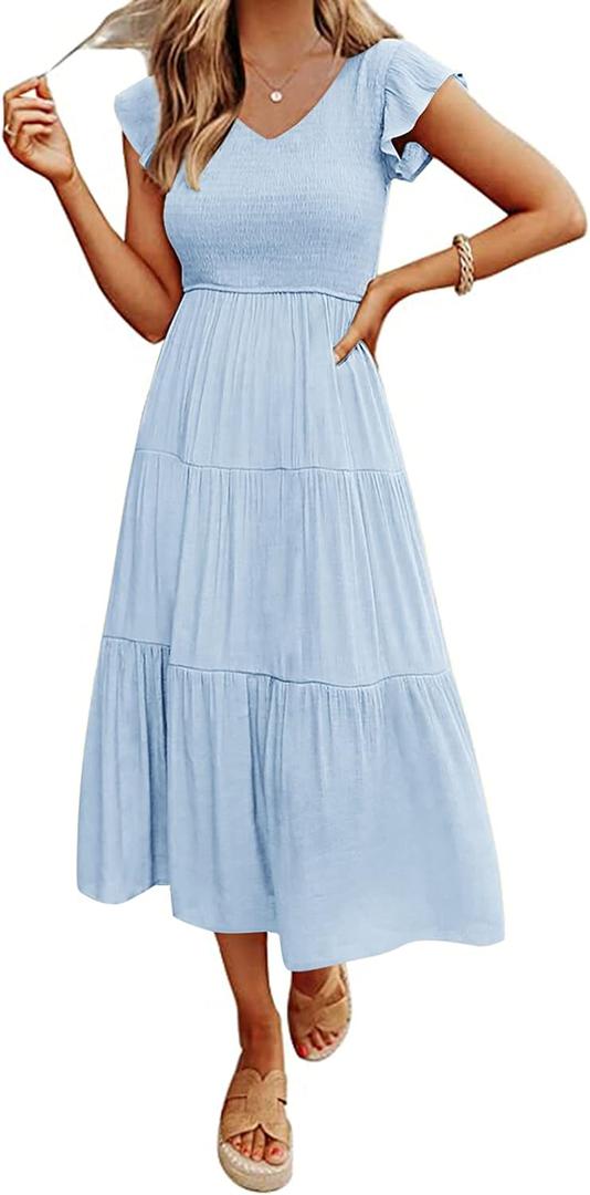 MEROKEETY Women's Flutter Sleeve Smocked Midi Dress V Neck Casual Tiered Dresses with Pockets, LightBlue, XL