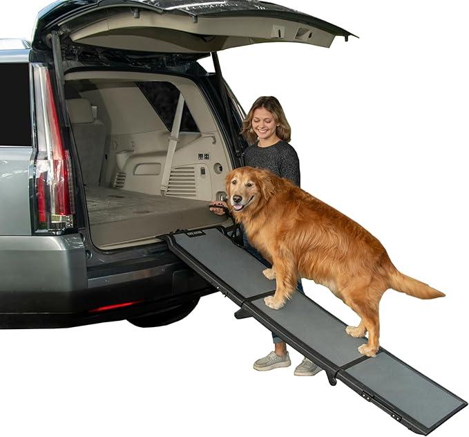 Pet Gear Tri-Fold Ramp 77" Long Extra Wide Portable Pet Ramp for Dogs/Cats up to 200lbs, Patented Compact/Easy Fold with Safety Tether, Black/Gray, not carpeted, Extra Wide, Tri Fold, (PG9300DR) NAVY