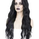 morvally Long Wavy Black Middle Part Heat Resistant Synthetic Hair Wigs for Women Halloween Party, Cosplay, Daily Use