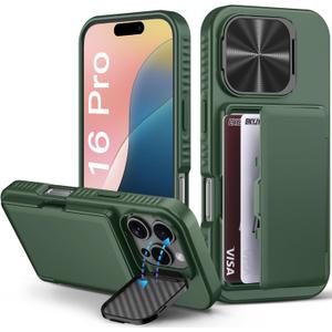 BXYJY for iPhone 16 Pro Wallet Case with Stand, Built-in Credit Card Holder (4-5 Cards), Protective Camera Cover, Military Grade Protection, Rugged Heavy Duty Men Women Case for iPhone 16Pro, Green