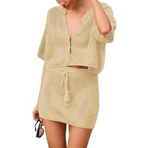 Sovoyontee Womens 2024 Summer 2 Piece Crochet Swimsuit Cover Up Swim Bathing Suits Bikini Swimwear Cover Ups Apricot L