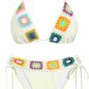 ZAFUL Women's Triangle Halter Bikini Set Crochet Boho Floral Swimsuit Cut Out Tie Side Two Piece Bathing Suit (Large, 1-beige)