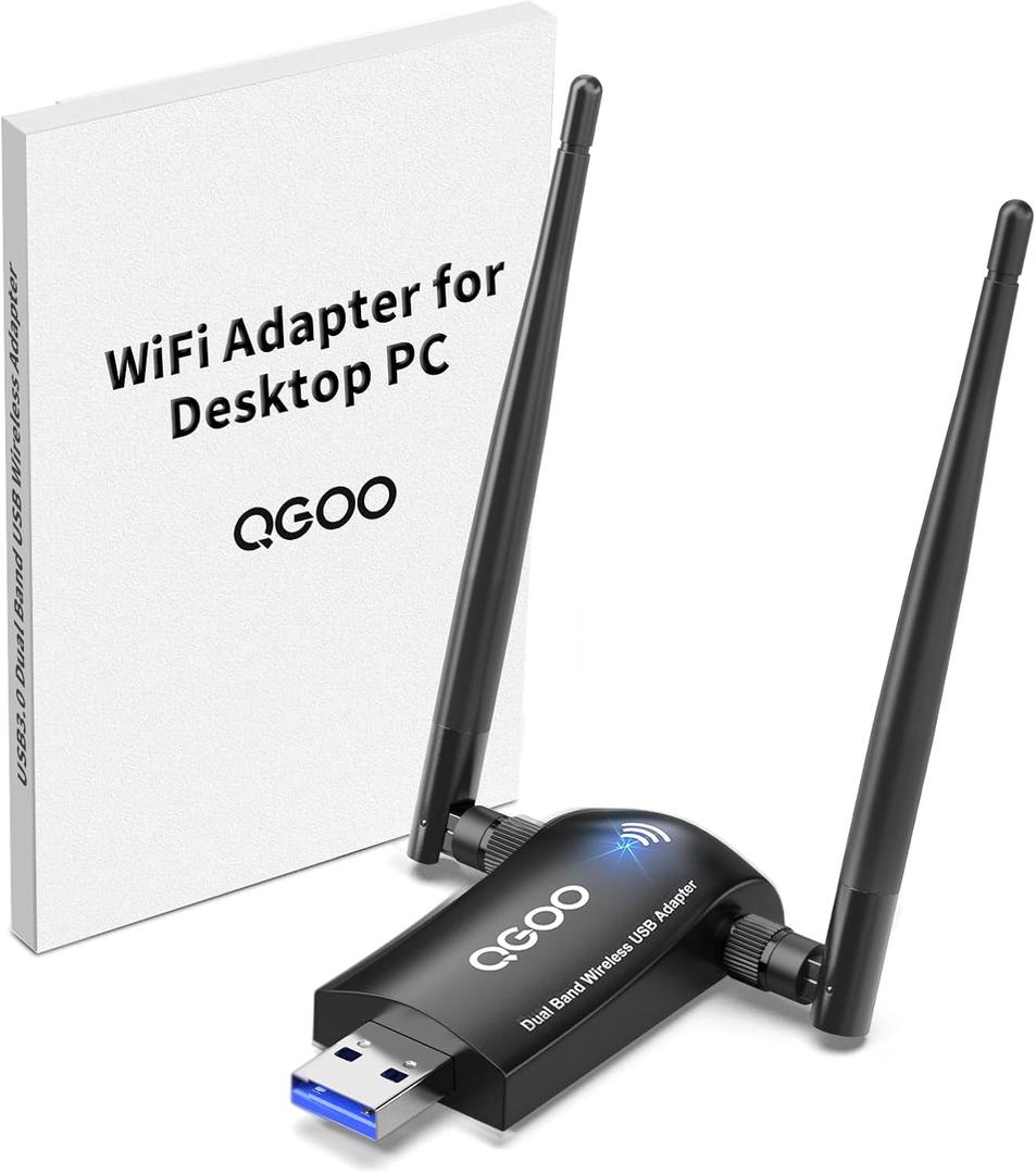 WiFi Adapter for Desktop PC, QGOO Wireless AC1300Mbps USB 3.0 Network Dongle with 5dBi High Gain Dual Antennas, 2.4GHz/5GHz Dual Band for Laptop Computer Compatible Windows11/10/8/7 (black)