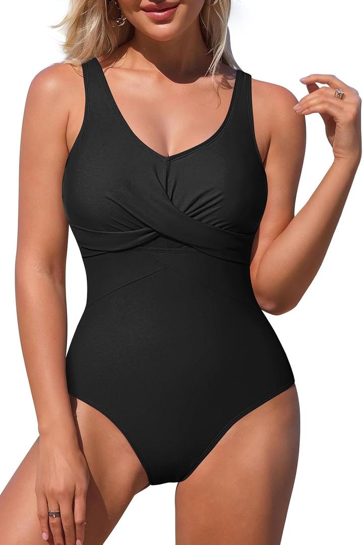 Pink Queen Women's One Piece Swimsuit V Neck Tummy Control Bathing Suits Sexy Criss Cross Swimwear Large