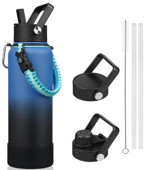BJPKPK Insulated Water Bottle with Straw Lid, 40oz Large Thermal Flasks with 3 Lids, Paracord Handle & Non-slip Boot, BPA Free Leak Proof Stainless Steel Metal Water Bottles, Tumblers, Cups,Blue Black