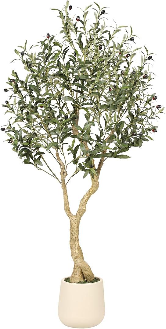 Realead Olive Trees Artificial Indoor - 5FT Faux Olive Tree with White Tall Exquisite Planter - Realistic Fake Olive Tree with Thick Trunk and Lifelike Branches for Home Office Decor