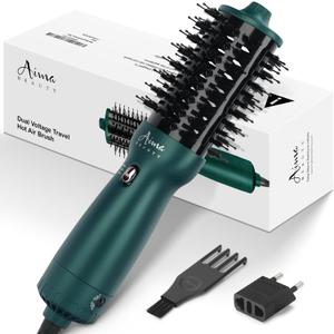 Aima Beauty Hair Dryer Brush Dual Voltage Worldwide Travel Blow Dryer Brush Hot Air Brush Oval Barrel 110-120V/220-240V 360Airflow,Negative Ionic Frizz-Free Dry/Straightening/Voluming, Dark Green
