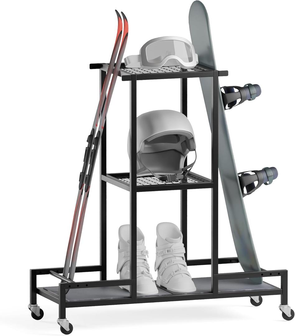 Standing Ski Storage Rack, Holds Snowboards & Skis, 3-Tier Organizer for Gear, Black - Ski Rack for Garage with Anti-Slipmat