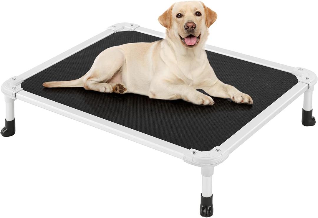 Veehoo Chew Proof Elevated Dog Bed - Cooling Raised Pet Cot - Silver Aluminum Frame and Durable Textilene Mesh Fabric, Unique Designed No-Slip Feet for Indoor or Outdoor Use, Beige Coffee, Large (42.0"L x 30.0"W x 7.0"Th)