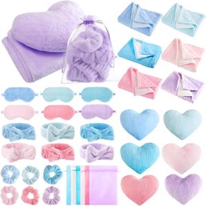 Fanfanwin 36 Pcs Sleepover Party Supplies for Girl Spa Slumber Birthday Favors Throw Blanket Pillow Eye Mask Headband Scrunchies (Solid Color,Mermaid Color)