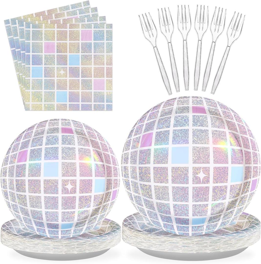 96Pcs Disco Party Supplies Pink Pastel Silver Disco Ball Plates and Napkins Sets Rainbow Iridescent Birthday Decorations for Dancing Queen 17th Wedding Sprinkle Bachelorette 70s Disco Party Serves 24