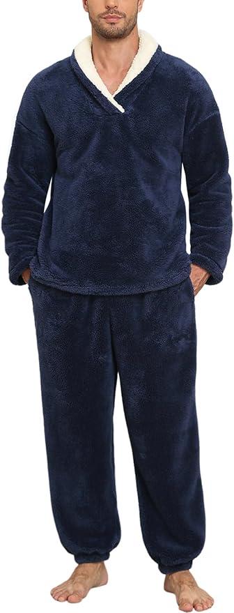 Fluffy Men's Pajamas Set, Soft Fleece PJs Sets Lounge Sleepwear Pajama Pants Comfy Pyjamas with Pockets for Warm Winter (X-Large, Navy Blue)