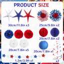 SUNBEAUTY 16PCS 4th of July Decorations Patriotic Party Decor Red White and Blue 3D Paper Star Hanging Swirls Star Garland Tissue PomPom, American Flag Paper Flowers for Independence Day Memorial Day.
