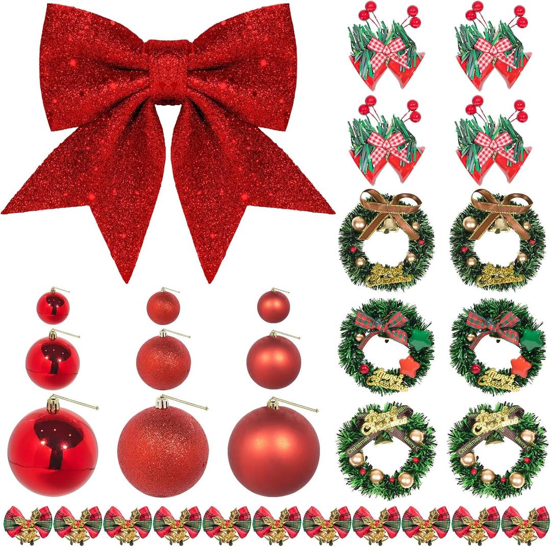 30pcs Christmas Ornaments Set-Red Glitter Bow Red Hanging Metal Jingle Bells Mini Bow with Bells Mini Wreath Ornaments Balls for Christmas Tree Ornament Decoration Home Holiday Party