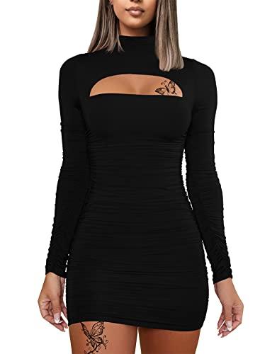 DAAWENXI Women's Sexy Long Sleeve Cut Out Bodycon Ruched Party Club Mini Dress Black, Size M
