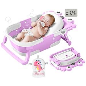 Collapsible Baby Bathtub for Infants to Toddler with Real-time Temp Monitor+Floating Cushion, Foldable Baby Bath Tub Set Applicable 0-36 Month, Portable Travel Bathtub for Newborns Girl (Purple)