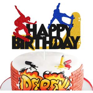 Skateboard Cake Topper Happy Birthday Sign Cake Decorations for Skateboarding Sport Movement Themed Kids Boy Girl Birthday Party Supplies Glitter Black Decor