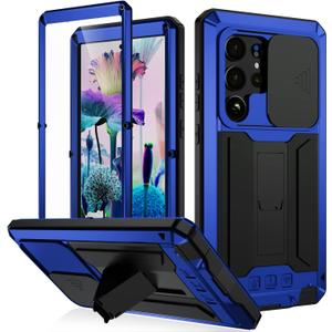 FW Samsung Galaxy S23 Ultra Metal Case with Slide Camera Cover Built in Screen Protector Full Body Hybrid S23 Ultra Case Metal Kickstand Military Heavy Duty Armor Silicone Case for Man Woman (Blue)