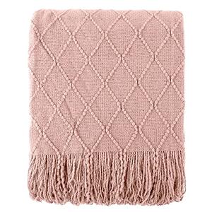 BATTILO HOME Blush Throw Blanket with Tassels, Pink Knit Blanket for Home Decor, Boho Style Textured Knitted Decorative Blanket for Couch, Sofa &Bed, 50"x60"
