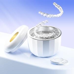 Ultrasonic Retainer Cleaner Machine18W/50kHz Specifically Designed for Cleaning Retainers80ML Portable Ultrasonic Pod Including 6 Free Retainer Cleaner Tablets for Deeper CleaningWhiteYKL