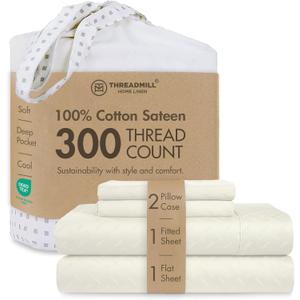 Threadmill Cotton Full Size Sheet Set | 100% Cotton Sheets for Full Size Bed | Damask Jacquard Full Bed Sheets Set with 16 Deep Pocket | Soft Sateen Weave 4-Piece Cooling Bedding Set | Ivory