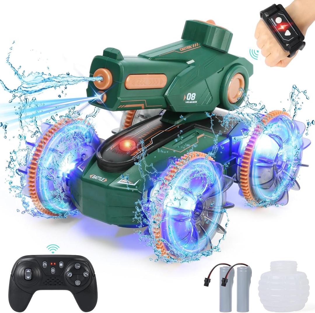 Toys for Kids 6-12 Remote Control Car Boat Gifts for Boys 5-7 8 9 10 11 Year Old Amphibious RC Boats Water Squirt Gun with Light & Self-Dispensing, Pool Outdoor Beach Toy for Kids