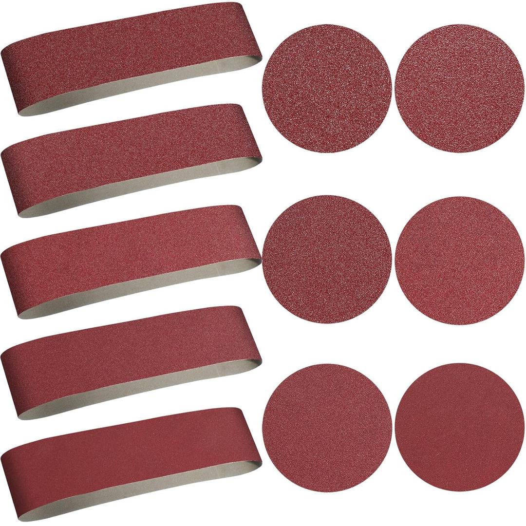 Blulu 44 Pieces Sanding Belts and Sanding Discs Set Includes 4 x 36 Inch Belts (80/120/150/240/400 Grits) and 6 Inch Self Adhesive No Hole Alumina Disc for Bench Combination Sander Woodworking