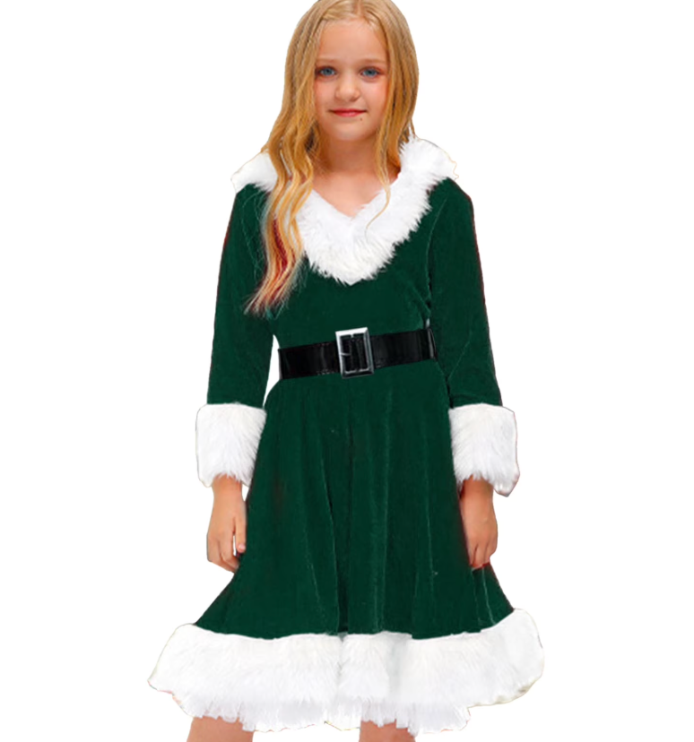Kid Little Girls Christmas Outfit Santa Claus Velvet Lapel Long Sleeve Dress Princess Party Layered Dresses with Belt (Green, 3-4 Years)