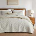 WDCOZY 100% Cotton Queen Size Quilt Set - Beige Pre-Washed Soft Lightweight Modern Bedspread, Farmhouse Country Rustic Coverlet, Textured Like Linen, Shabby Chic Gauze Bedding, 3 Pieces