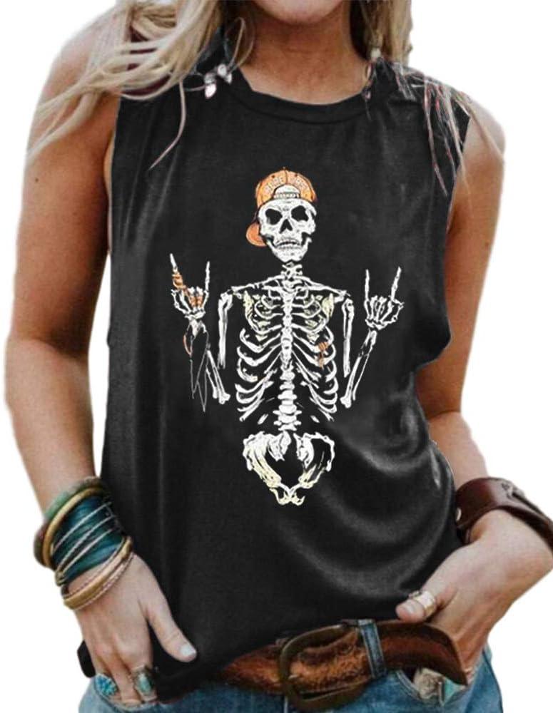 BRUBOBO Women's Funny Skull Graphic Tank Tops Summer High Neck Sleeveless Workout Tee Shirts (Medium, Black)