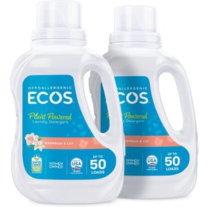 ECOS Laundry Detergent Liquid, 100 Loads - Dermatologist Tested Laundry Soap - Hypoallergenic, EPA Safer Choice Certified, Plant-Powered - Magnolia Lily, 50 Fl Oz (Pack of 2)