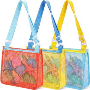Frienda 1
 Pcs Mesh Beach Bag for Shells, Sand Toy Tote,Colors G Adjustable Straps, Zippered, Bulk Set for Kids Collecting Seashells, Quick-dry Mesh, Holds Sand Toys Swim Gear