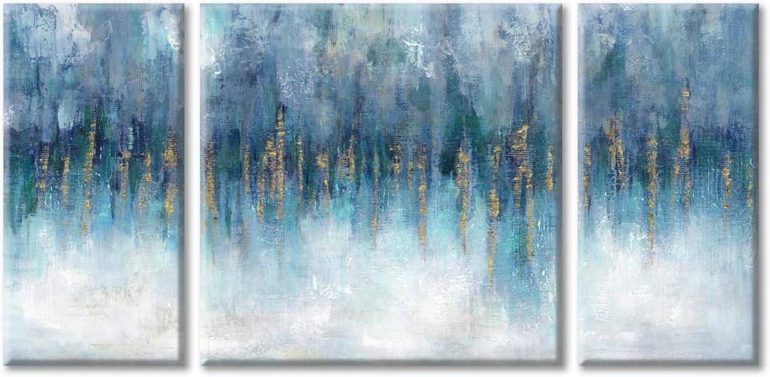 Modern Picture Abstract Canvas Artwork:Blue & White Wall Art on Canvas painting for Office (24'' x 24'' x 1 Panel + 24'' x 12'' x 2 Panels)