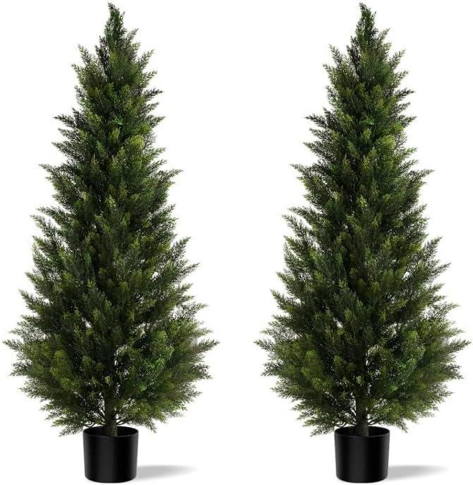 Artificial Topiary Cedar Trees 3ft, 2 pk - Outdoor Indoor Faux Pine Shrubs Plants, Realistic Fake Plants Front Porch Decor, Artificial Bushes Cypress for Home Front Door Offices (Black)