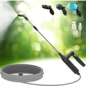 Battery Powered Sprayer Wand, 23.6inch Electric Sprayer Telescopic Watering Wand with 16.4FT Hose, Rechargeable and Portable Spray Wand for Gardening (3 Nozzles)