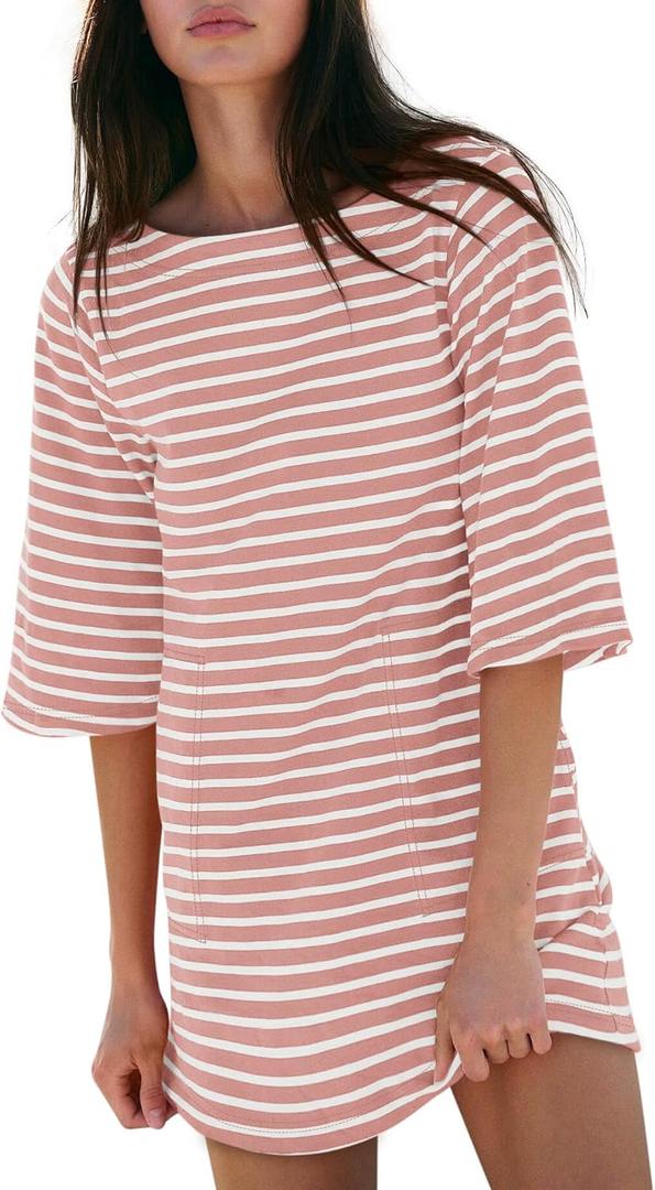 Yousify Women's T Shirt Dress Cotton Summer Dresses 2025 Casual Loose Short Sleeve Striped Mini Dress with Pockets (Small, Pink and White)