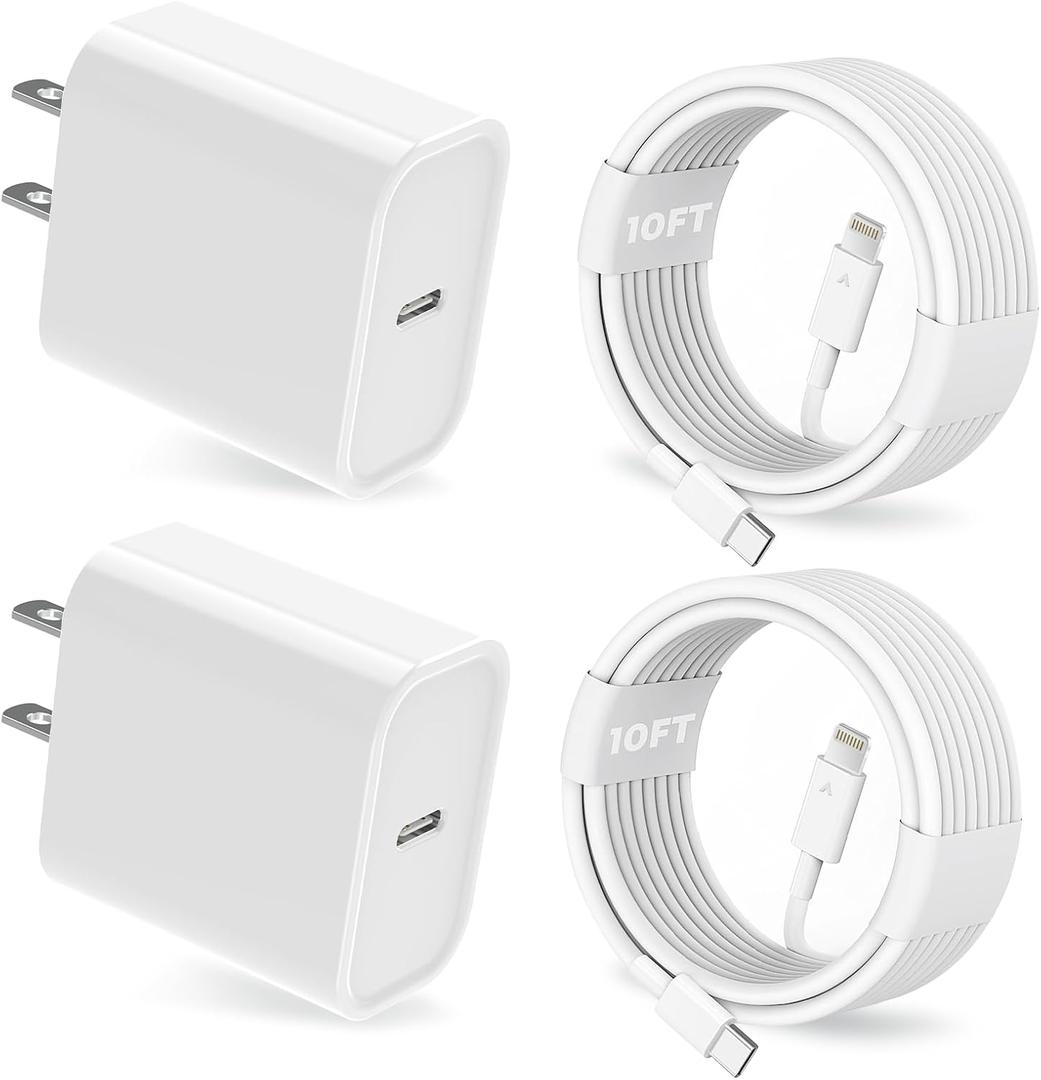 25W iPhone Charger, 2 Pack 25W PD USB C Wall Fast Charger Adapter with 2 Pack 10FT Long Type C to Lightning Cable Compatible with iPhone 14 13 12 11 Pro Max XR XS X,iPad