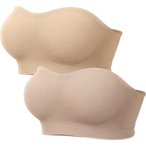 LetsJoli Push Up Strapless Bras for Women Supportive Bandeau Bra Non Slip Wireless No Underwire Padded Tube Bra (Beige, S)