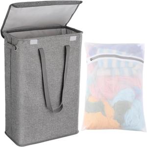 Narrow Laundry Hamper 45L with Removable Lid & Laundry Bag, Slim Laundry Basket, Waterproof for Corner Storage with Long & Short Handles, Thin Dirty Clothes Basket