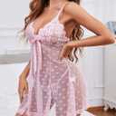 Women's Sexy lingerie Sheer Heart Print Lace Babydoll Nightgown Black (Pink, XL)