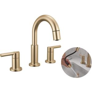 Delta Nicoli Brushed Gold Bathroom Faucet with Sprayer, 8 Inch 3 Hole Widespread Bathroom Sink Faucet with Pull Out Sprayer, Push-Pop Drain, Champagne Bronze 35749LF-CZPD