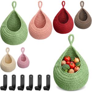 Honeydak 6 Pack Boho Hanging Wall Baskets for Kitchen, Teardrop Hanging Fruit Vegetable Basket with 6 Hooks, Cute Onion Storage Net for Camper, Bathroom, Entryway, Nursery, 6 SizeColorful)