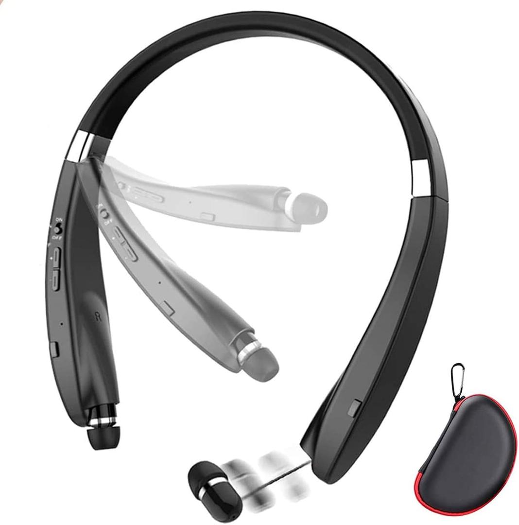 Foldable Bluetooth Headset, Beartwo Lightweight Retractable Bluetooth Headphones for Sports&Exercise, Noise Cancelling Stereo Neckband Wireless Headset (with carry case) (Black matte)