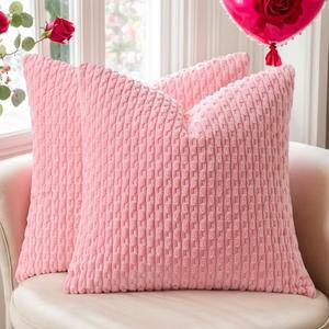 Kevin Textile Valentines Day Decorative Pillow Covers Set of 2 Striped Plush Corduroy Pillows Pillowcases Boho Home Decor Cushion Covers for Couch Sofa Bed Living Room 18x18 Inch, Pink