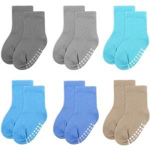 6 pack baby socks, cotton crew children's socks, non-slip grip socks, unisex, for toddlers, boys, girls, 4-7 Years (6 Pairs-gray/Lightgray/Lakeblue/Skyblue/Blue/Khaki)